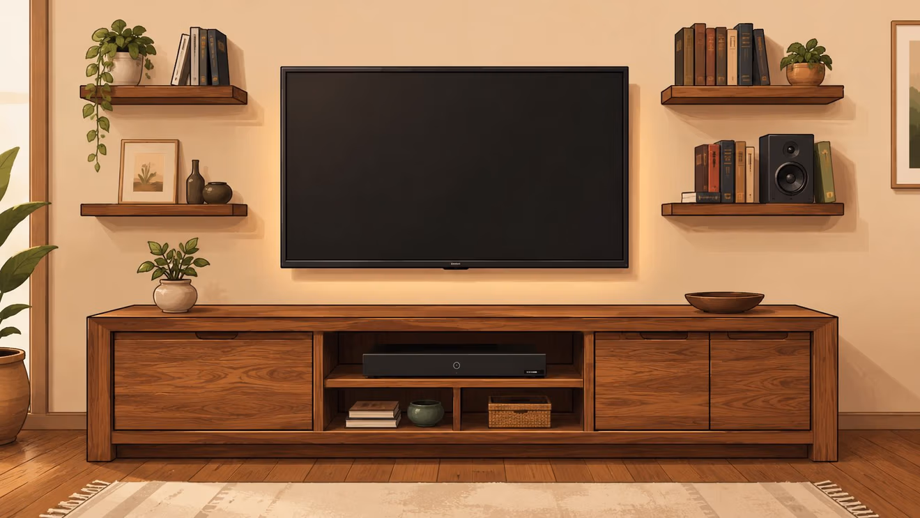 A modern wooden media console and mounted television set against a warm beige wall with floating shelves.