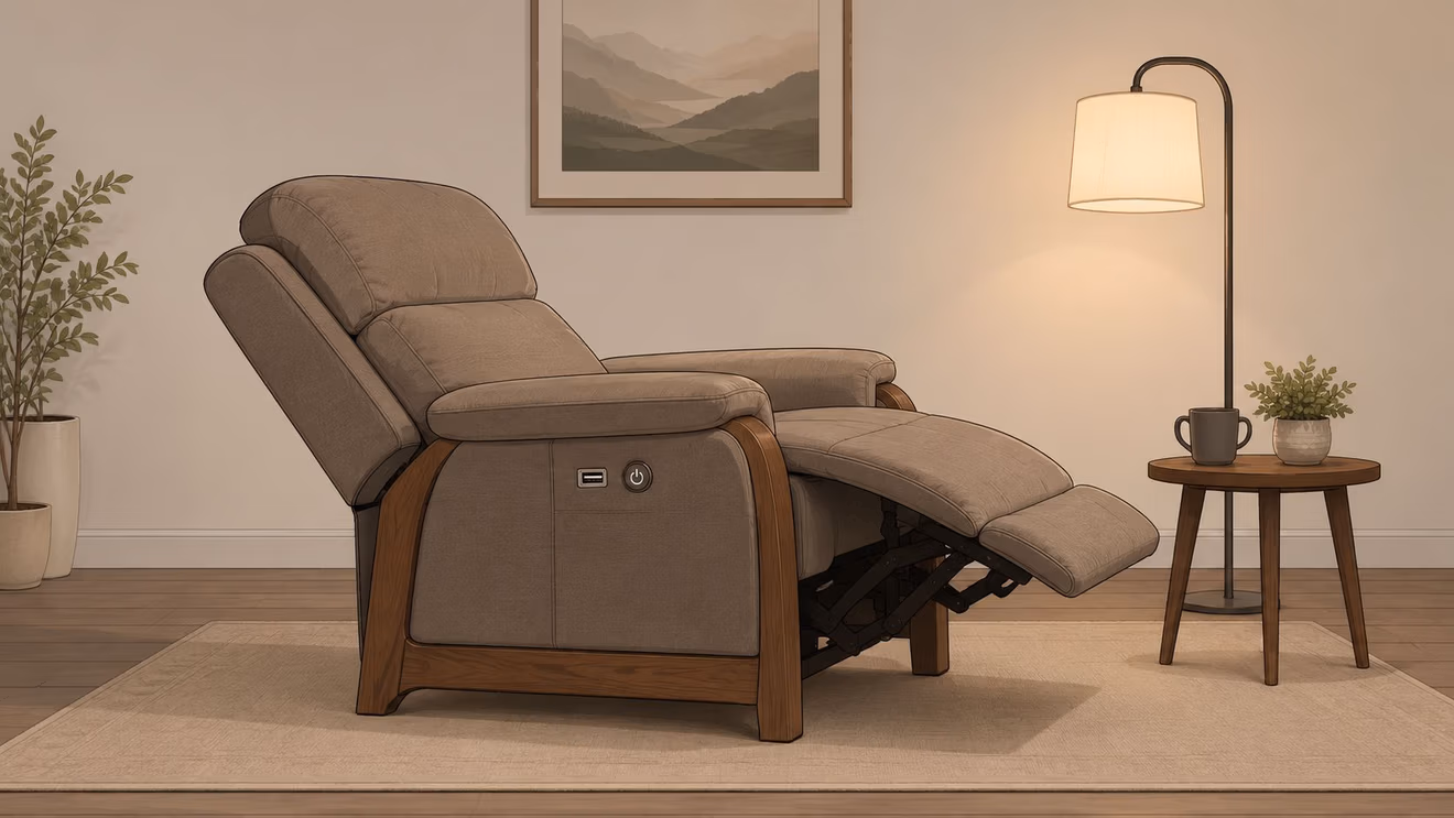 A comfortable brown recliner chair sits in a cozy living room next to a small side table.