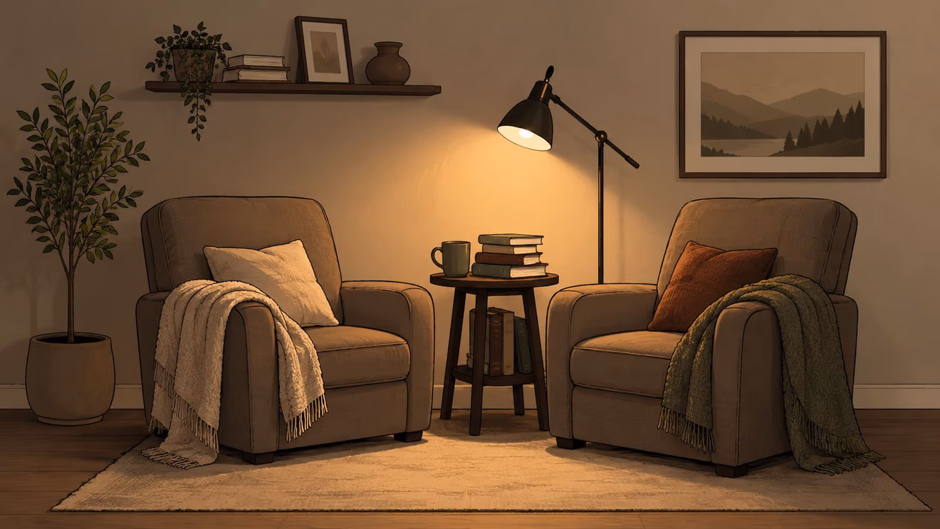 A cozy, warm, and inviting den corner featuring two comfortable armchairs, a side table, and soft lighting.