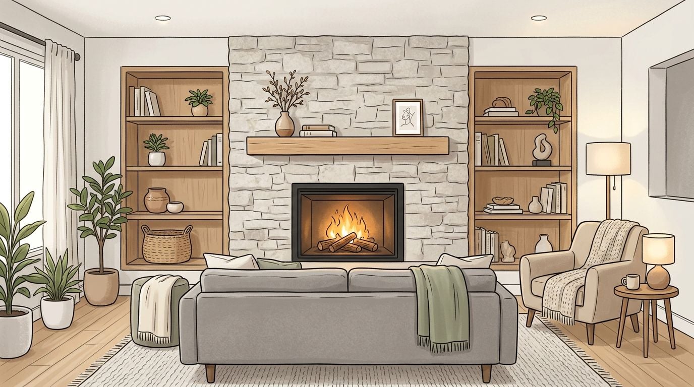 A cozy, modern den living room featuring a stone fireplace, built-in wooden bookshelves, and comfortable seating.