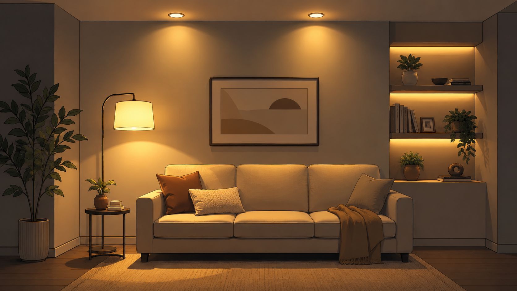 A warm and inviting modern living room with a comfortable sofa, floor lamp, and stylish built-in shelves.