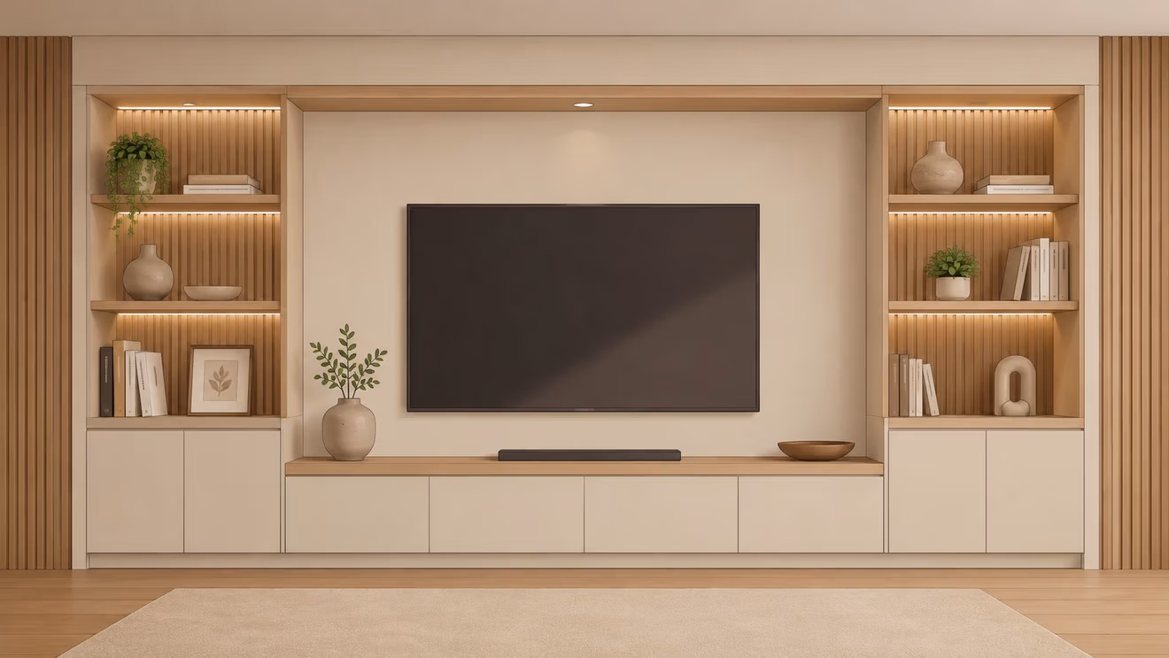 A modern, minimalist wall unit with an integrated television, built-in shelving, and neutral decor in a cozy den.