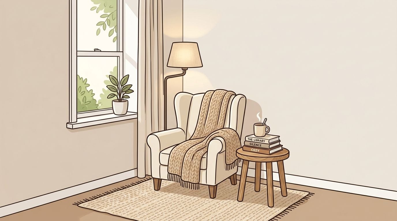 A cozy reading corner featuring a plush armchair, a soft knitted throw, and a small wooden side table.