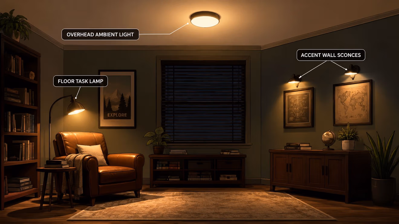 A cozy, dimly lit study or den featuring a leather armchair, bookshelf, and layered warm ambient lighting.