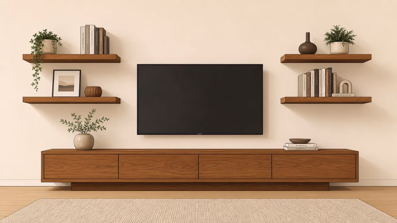 A minimalist living room wall featuring a large television mounted above a long wooden media console with floating shelves.