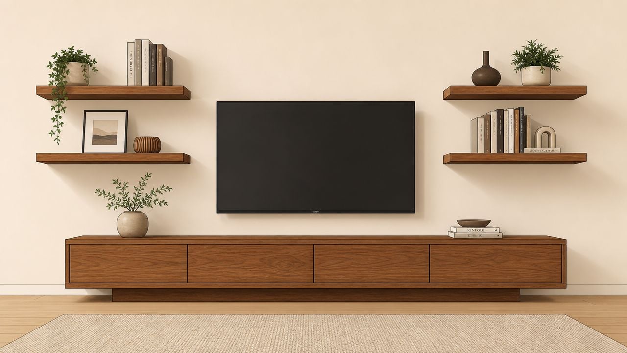 A minimalist living room wall featuring a large television mounted above a long wooden media console with floating shelves.