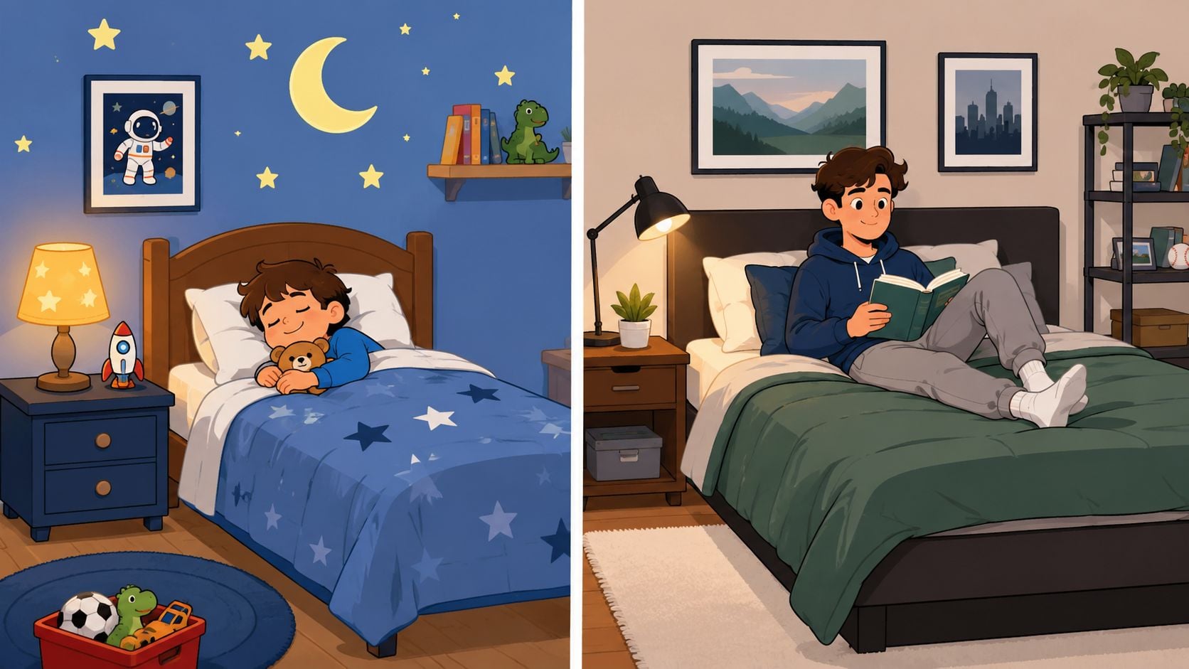 An illustration comparing a child sleeping in a twin bed to a teenager reading in a full bed.