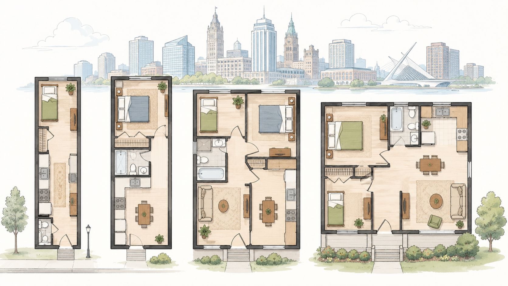 A line drawing showing four different floor plan layouts displaying varying placements of twin and full size beds.
