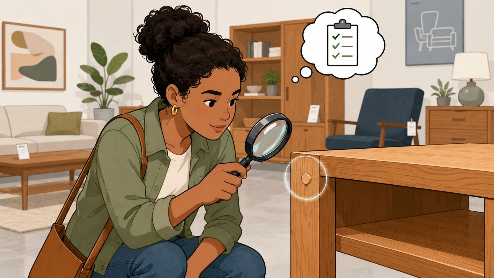 A woman examining a wooden table joint with a magnifying glass in a furniture store.