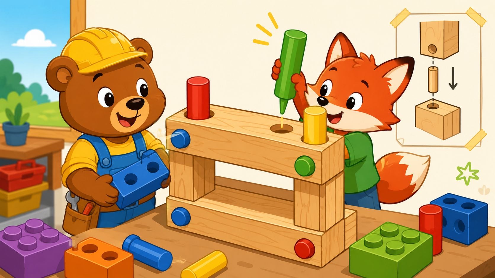 A friendly brown bear and orange fox working together on a wooden toy dowel construction building project.