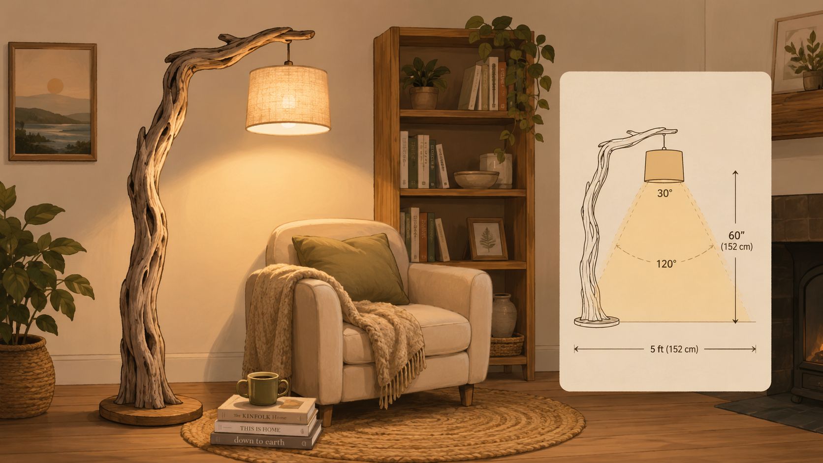 A rustic floor lamp made of driftwood next to a cozy armchair in a warm living room.