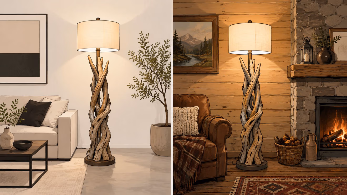 A split image showing a rustic driftwood floor lamp in both a modern living room and a cozy cabin.
