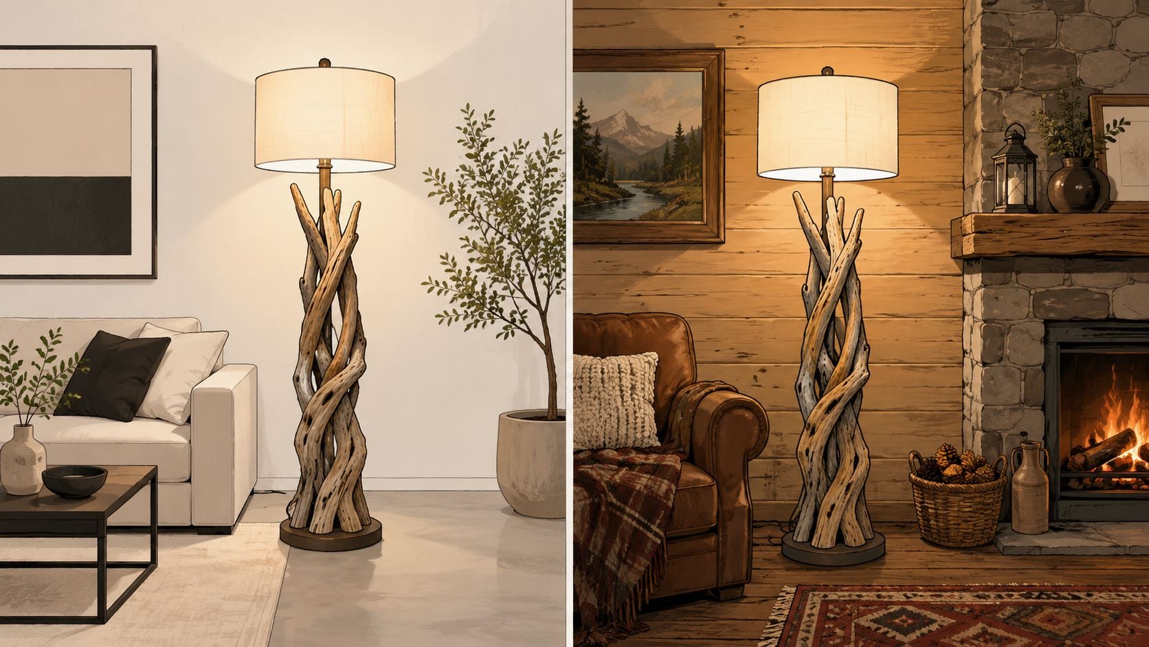 A split image showing a rustic driftwood floor lamp in both a modern living room and a cozy cabin.
