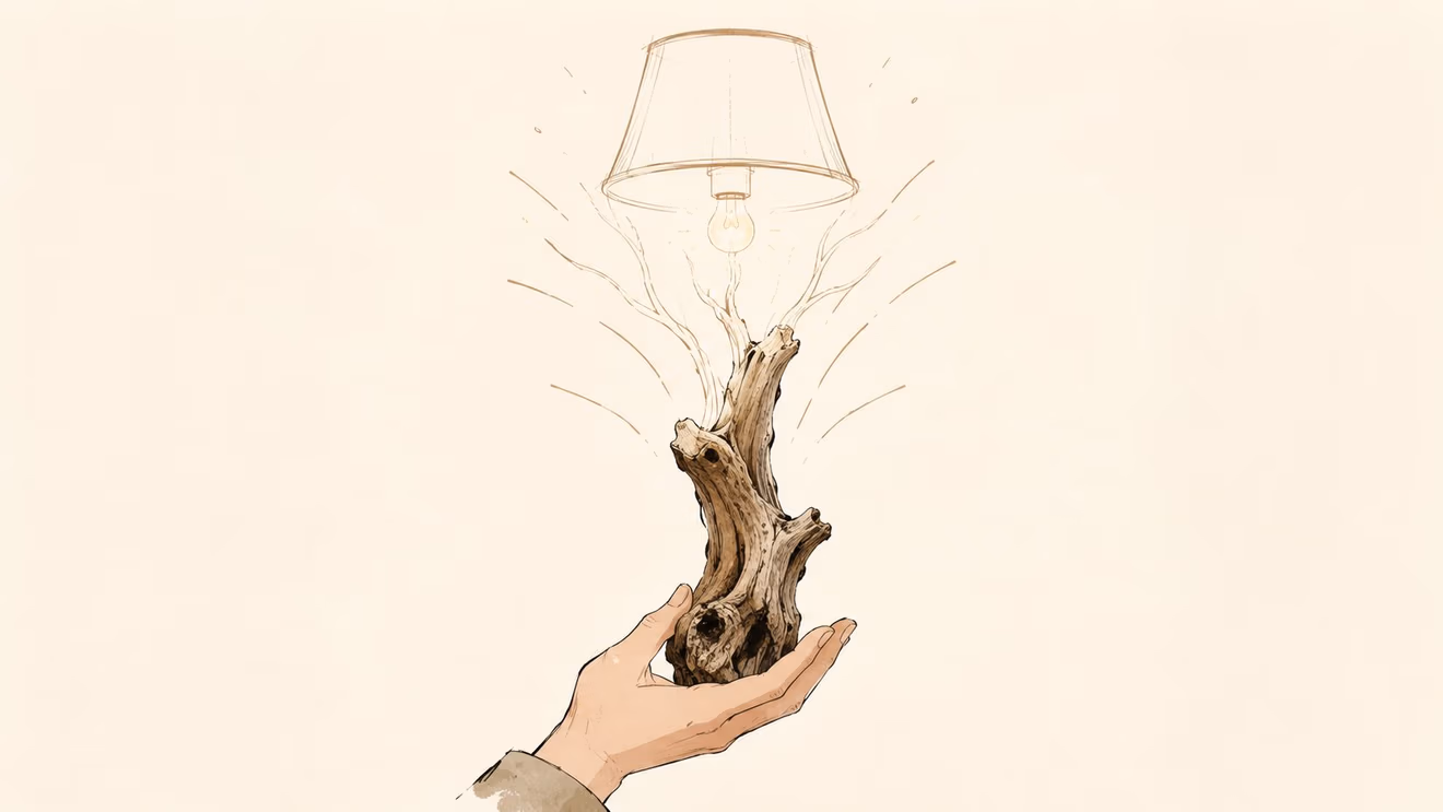 A hand holding a piece of driftwood shaped like a tree with a glowing lamp shade above it.
