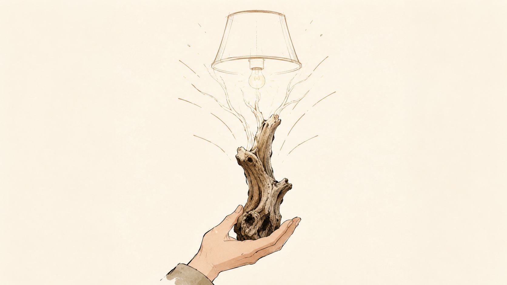 A hand holding a piece of driftwood shaped like a tree with a glowing lamp shade above it.