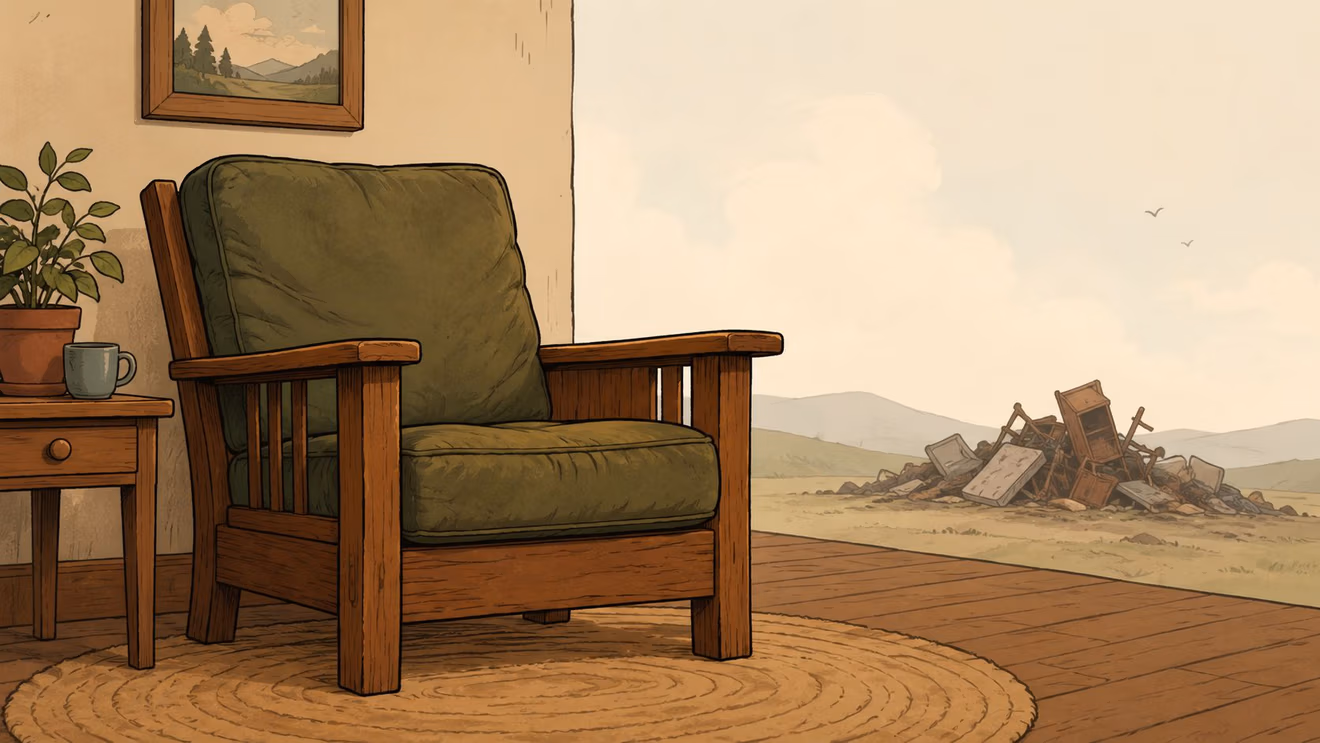 A cozy armchair sits on a porch overlooking a desolate landscape filled with discarded furniture and waste.