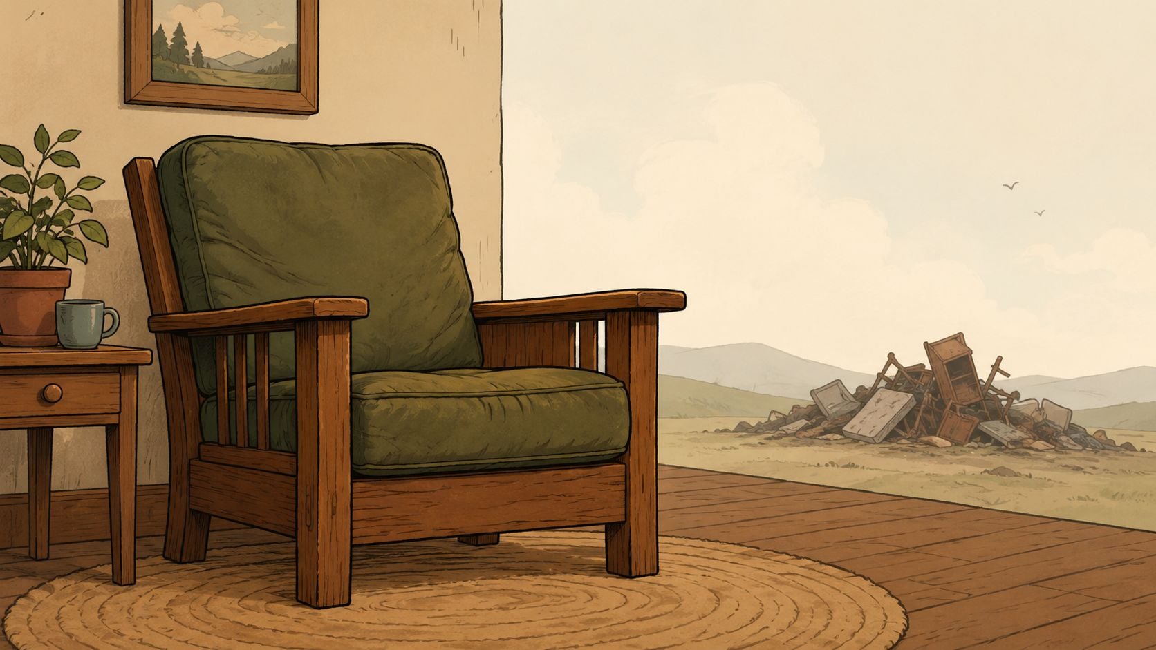 A cozy armchair sits on a porch overlooking a desolate landscape filled with discarded furniture and waste.