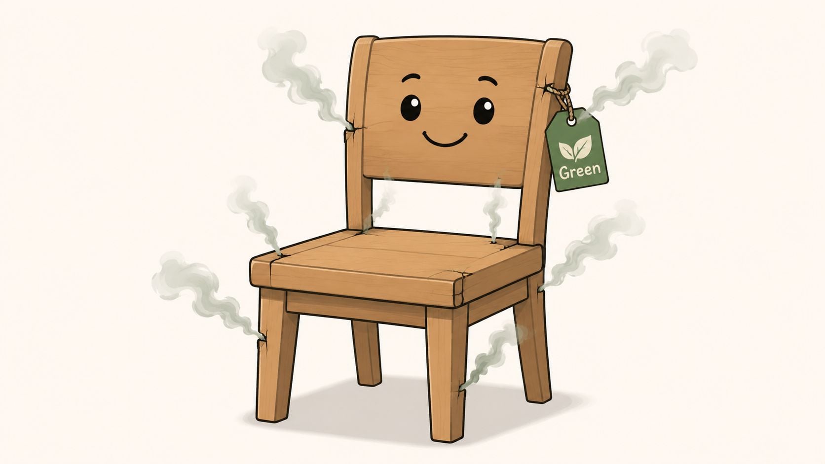 A happy wooden chair with a Green tag, smoking from various cracks, symbolizing eco friendly furniture materials.