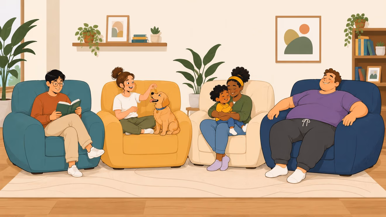 A diverse group of people sitting comfortably in extra wide armchairs in a cozy living room.