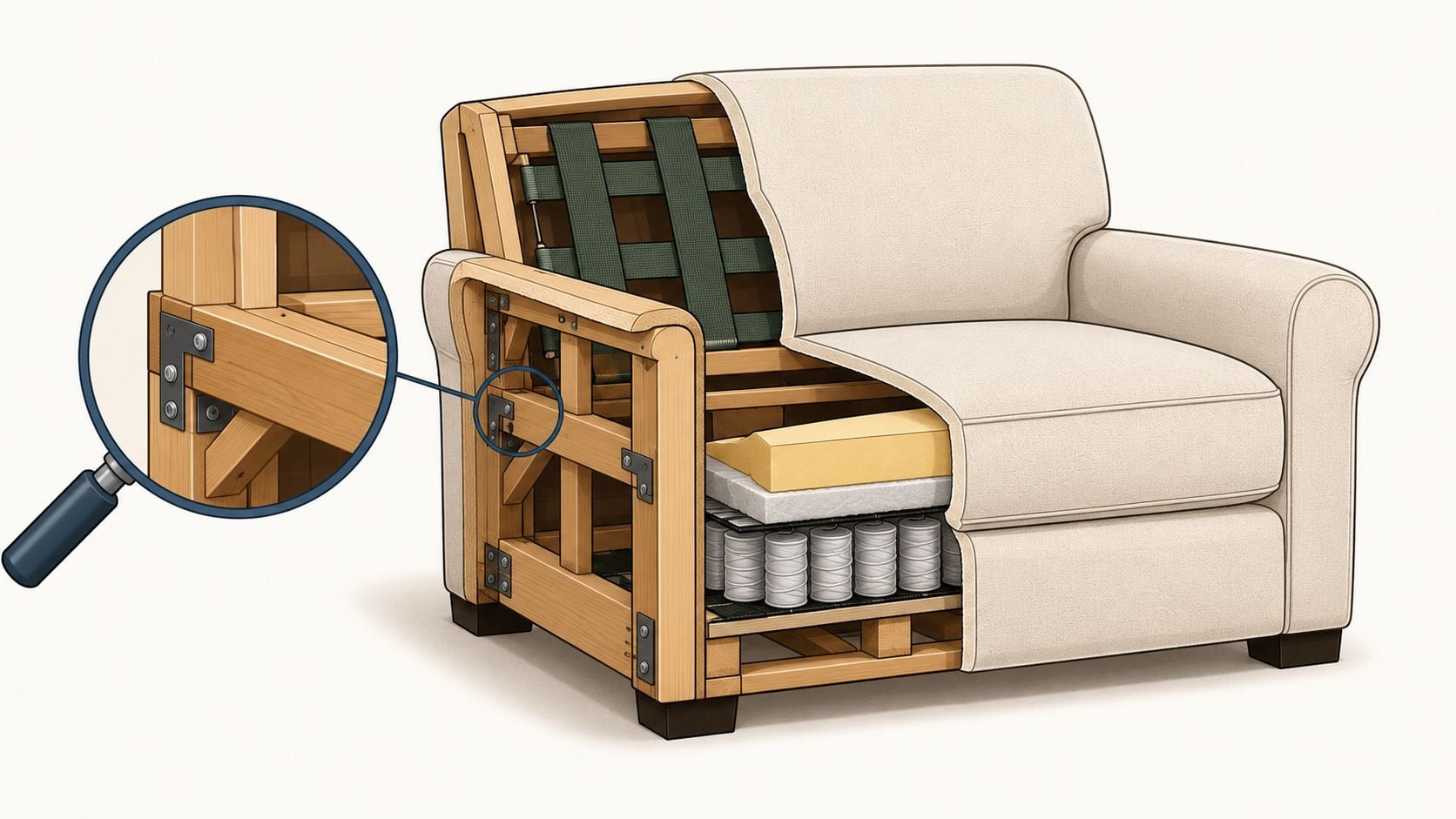 A cutaway illustration of an extra wide chair revealing the internal wooden frame and spring construction.