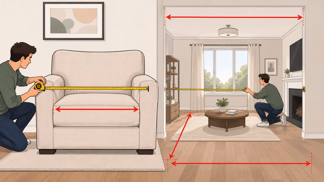 Two men measuring dimensions of an armchair and a living room doorway for furniture placement planning.