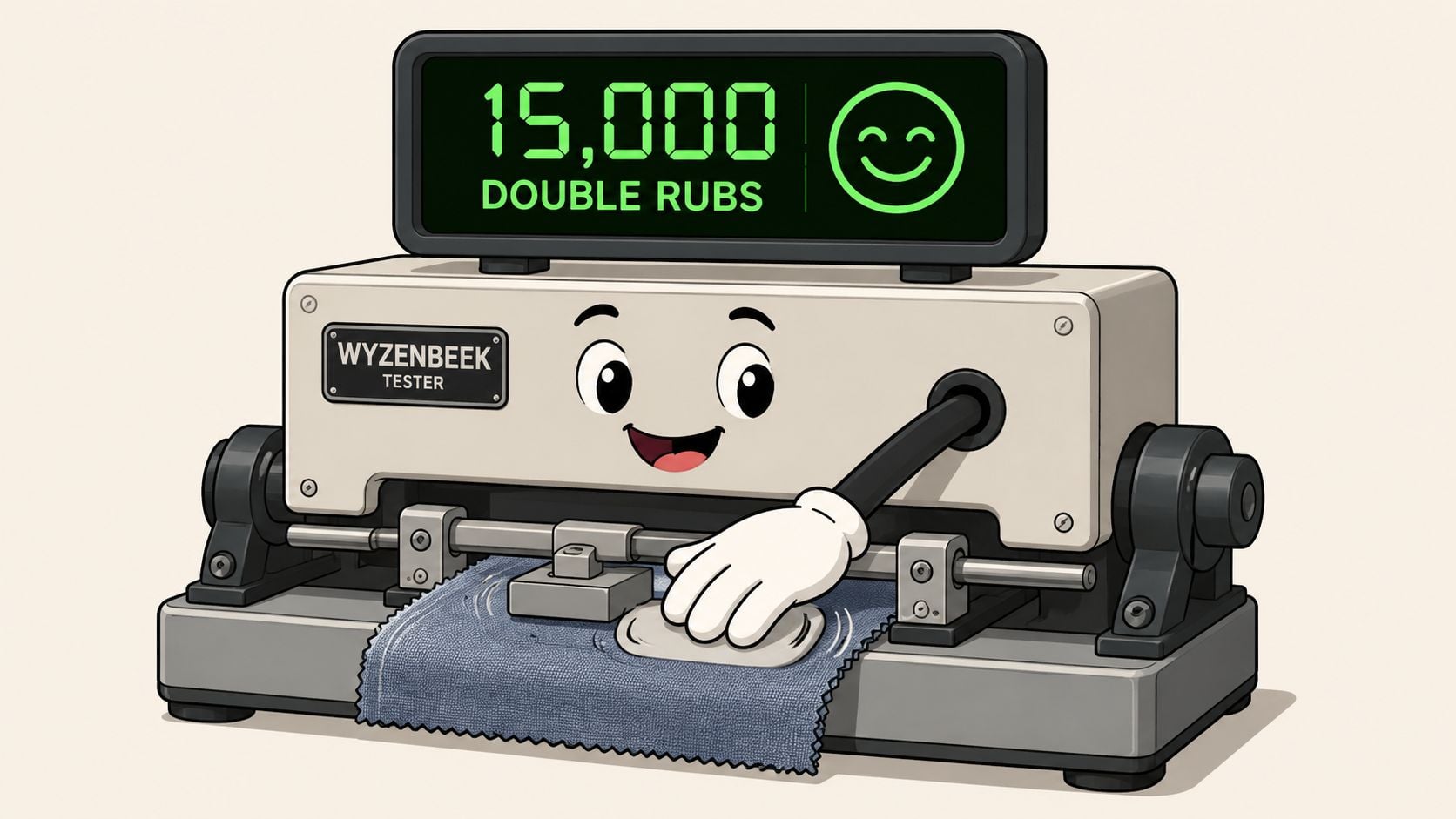 A cartoon Wyzenbeek fabric durability tester machine with a happy face performing double rub wear testing.
