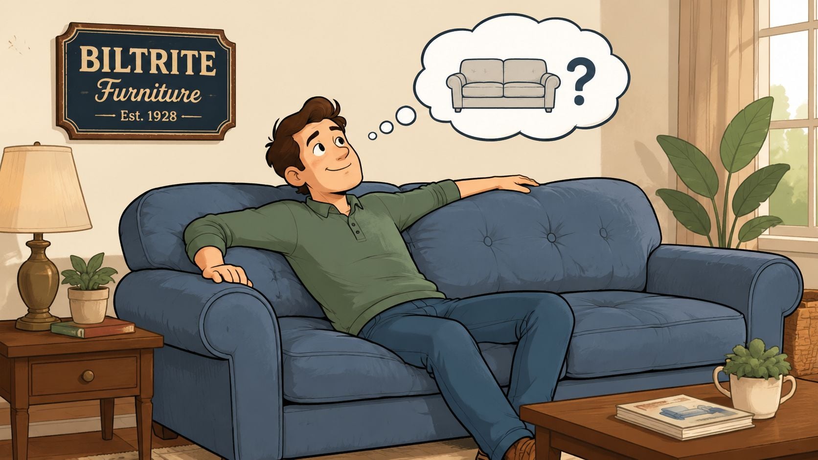 A man sitting comfortably on a blue sofa while thinking about choosing a new furniture piece.