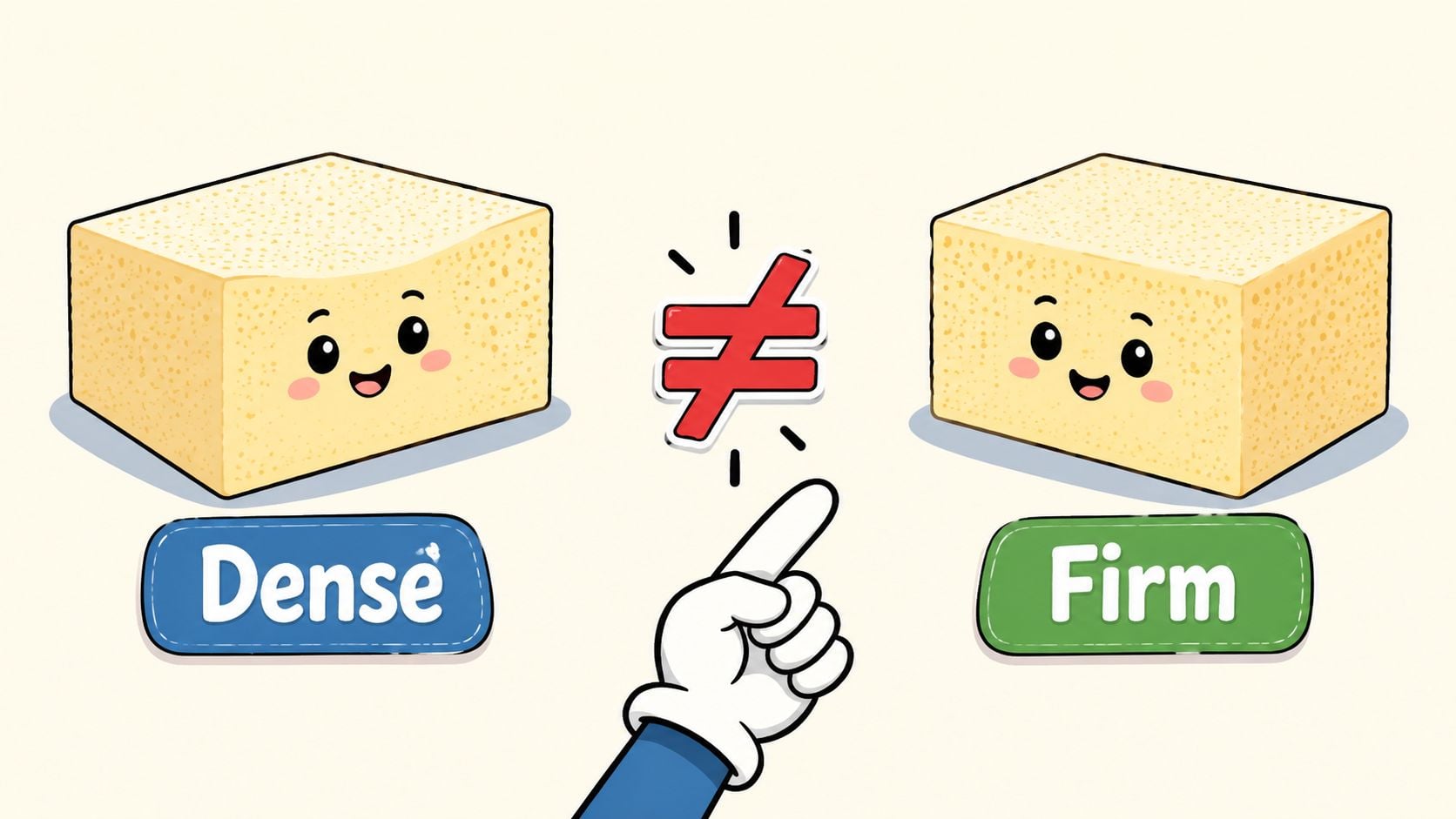A cartoon illustration showing the difference between a dense sponge and a firm sponge.