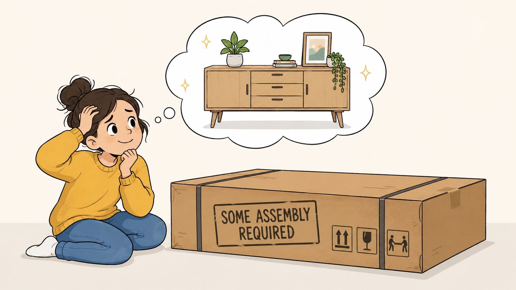 A woman thinking about assembling a piece of wooden furniture from a flat-pack cardboard box.