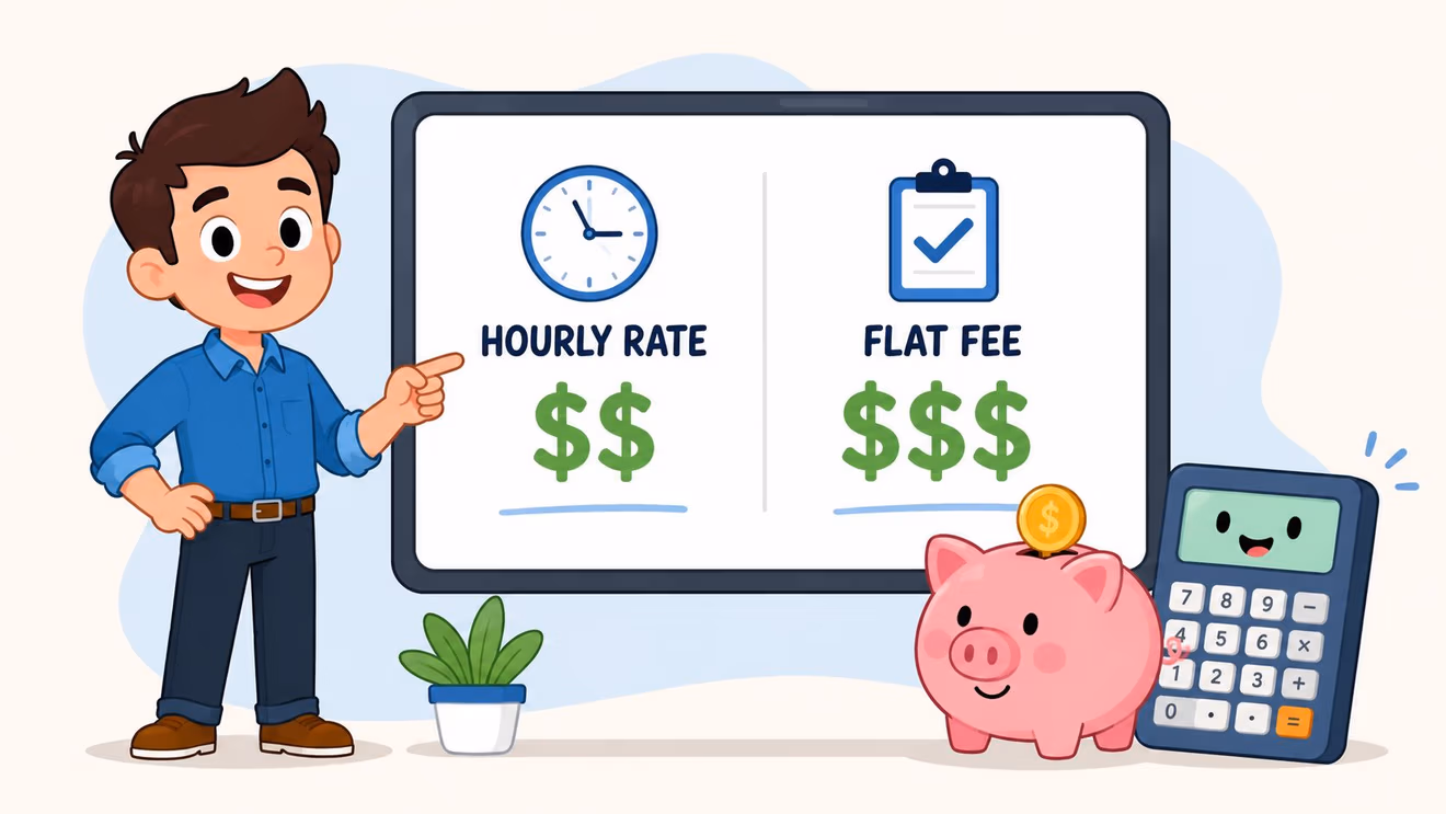 A friendly man pointing at a sign comparing hourly rate and flat fee payment options with a calculator.