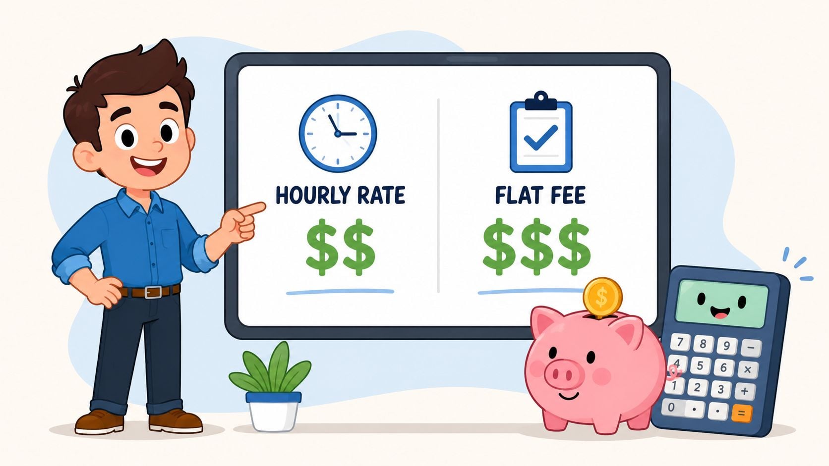 A friendly man pointing at a sign comparing hourly rate and flat fee payment options with a calculator.