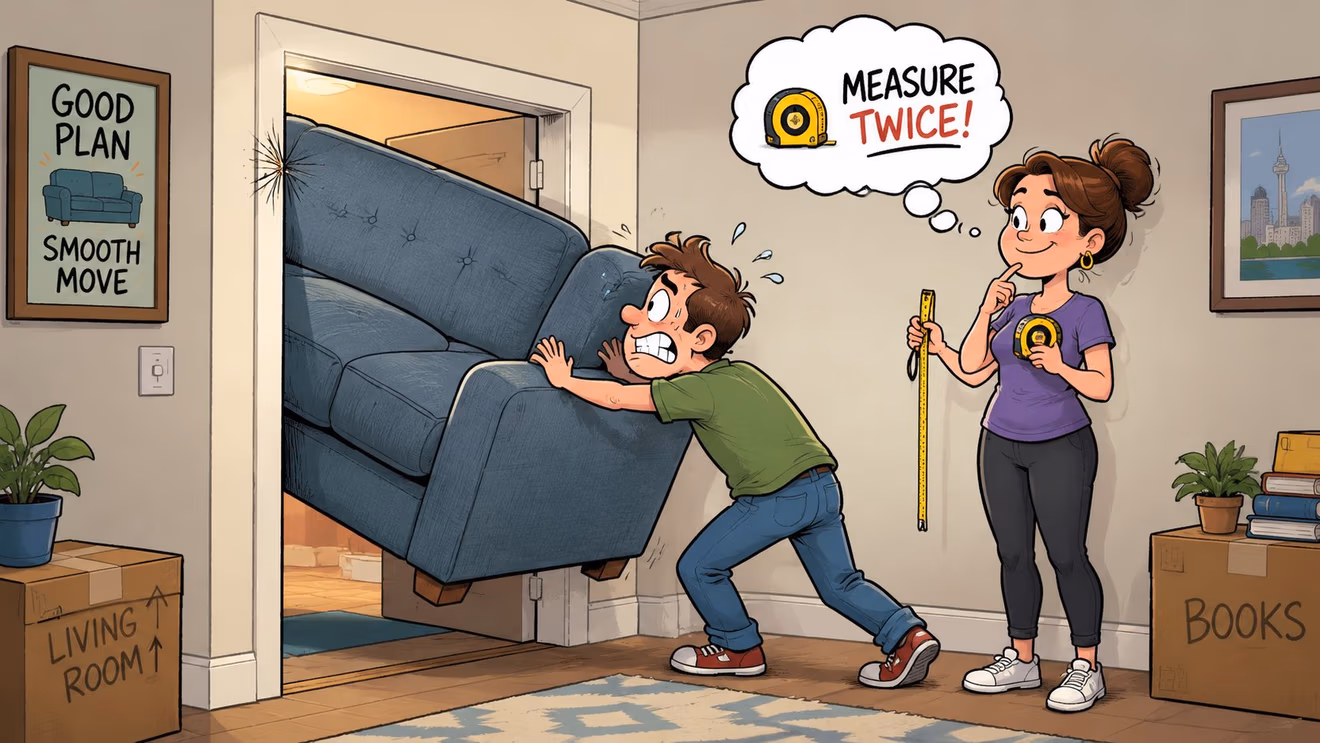 A man struggles to move a large blue couch through a doorway while a woman watches carefully.