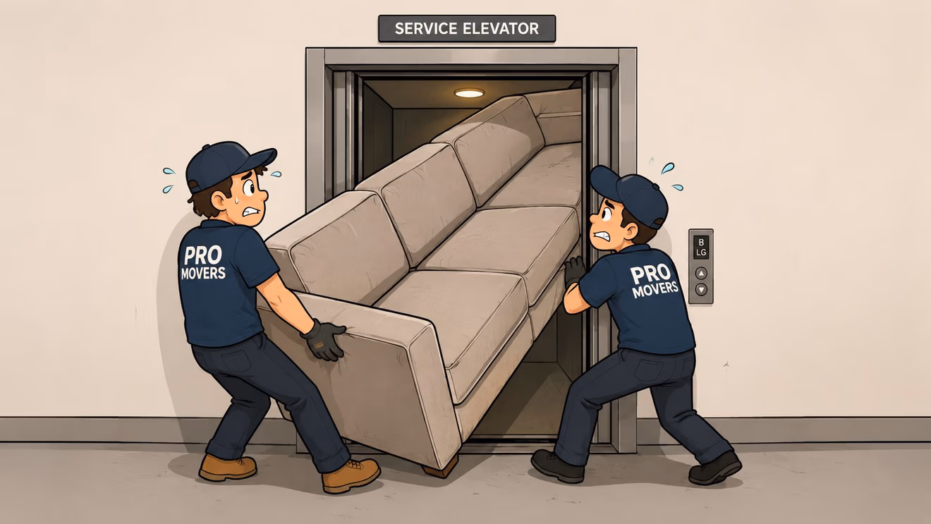 Two stressed movers struggling to fit a large beige sofa into a small service elevator.