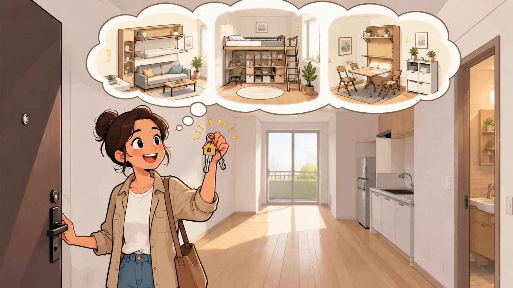 A happy woman holding keys to her new studio apartment, imagining various space-saving furniture layout options.