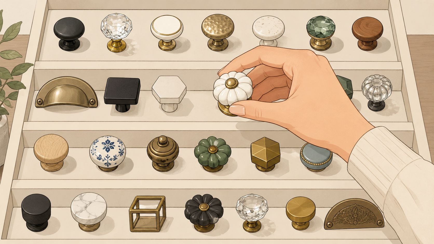 A hand selecting a white ceramic pumpkin-shaped knob from a wooden display case of various furniture hardware.