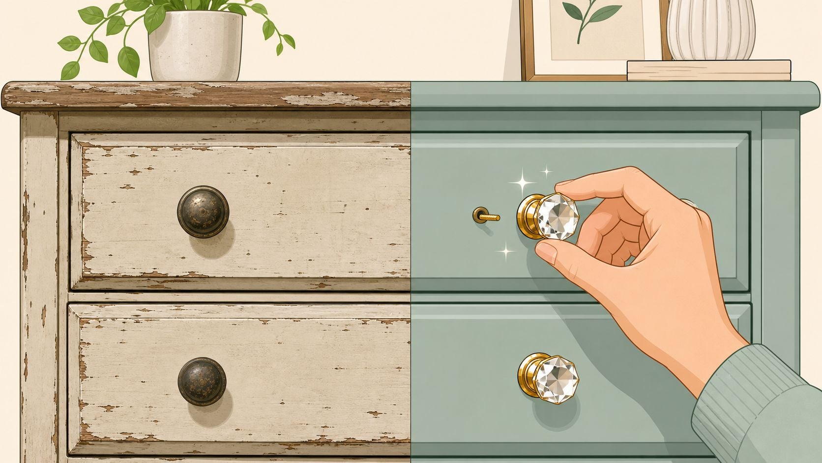 A split-screen view showing a distressed wooden drawer being upgraded with new sparkling crystal furniture knobs.