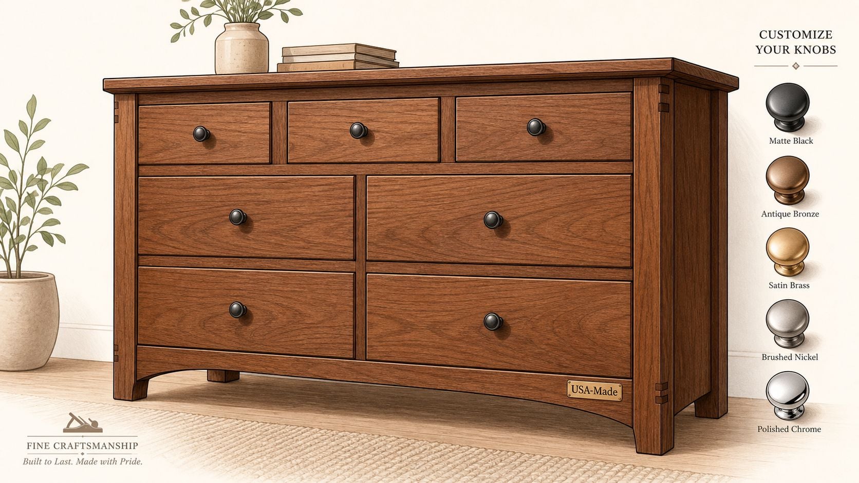 A wooden dresser with seven drawers and customizable knob options displayed on the right side.