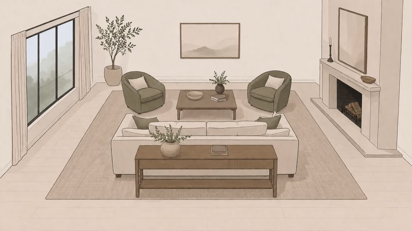 A top-down interior design sketch featuring a comfortable living room with a sofa, chairs, and fireplace.
