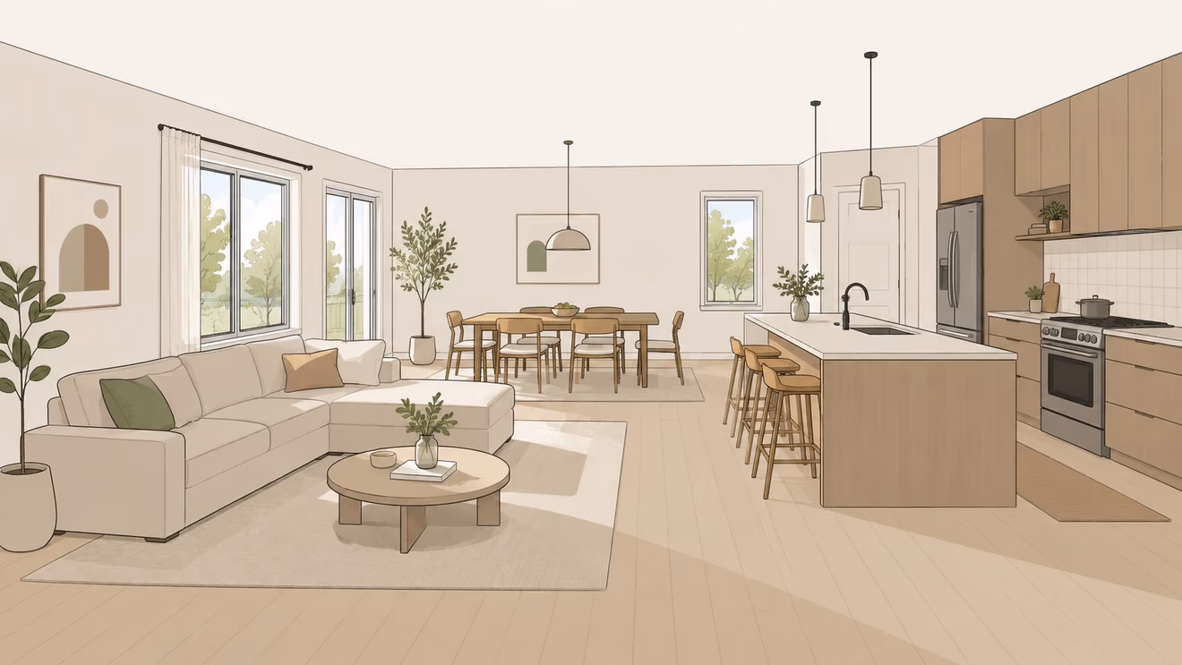 A bright and minimalist open-concept living room, dining area, and kitchen featuring neutral furniture and decor.