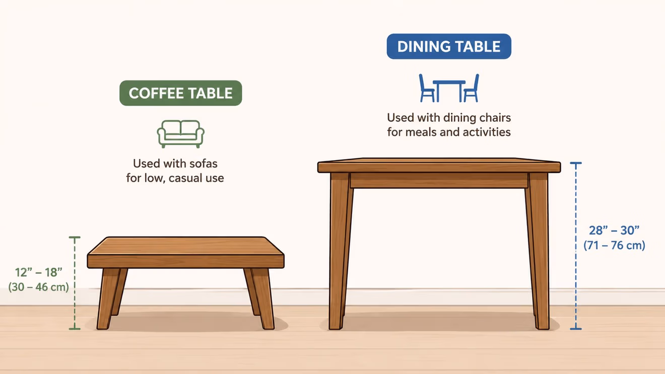 A side-by-side comparison of standard coffee table heights versus dining table heights with measurements provided.