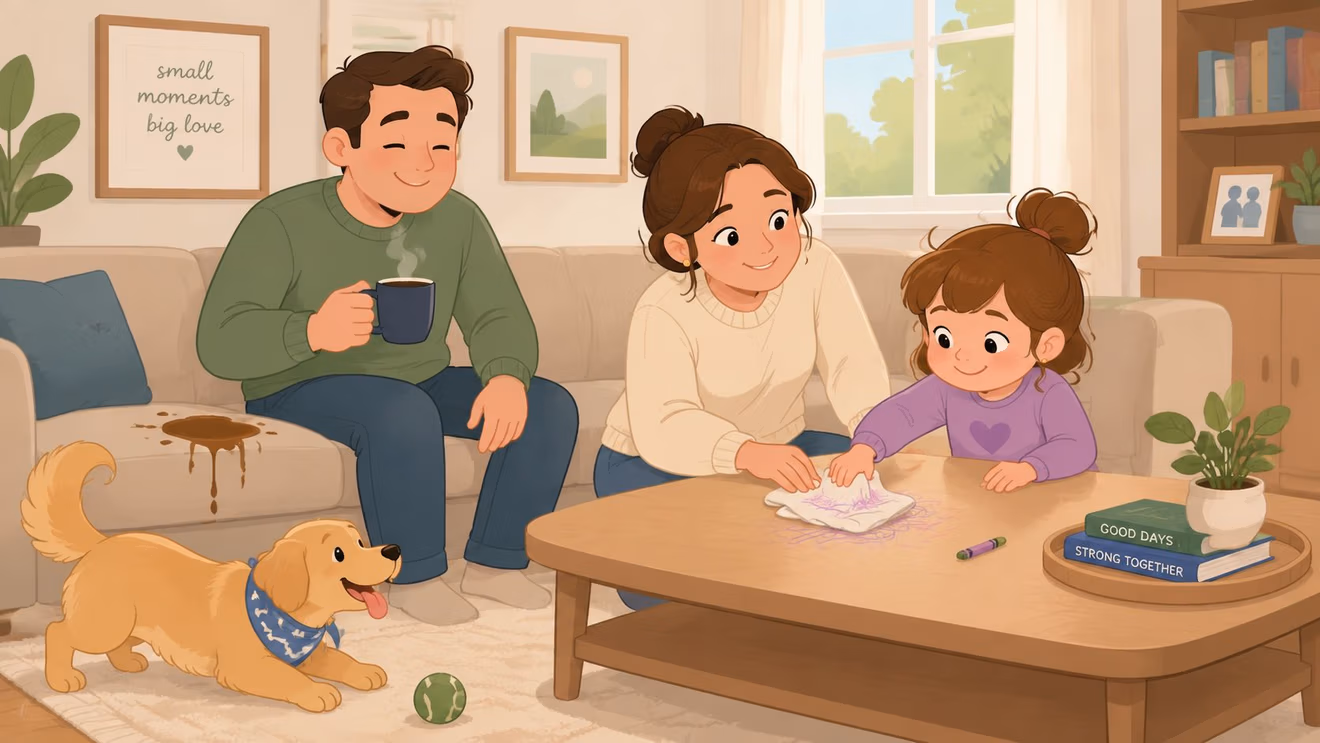 A family cleaning up a mess in a living room with their dog playing nearby.