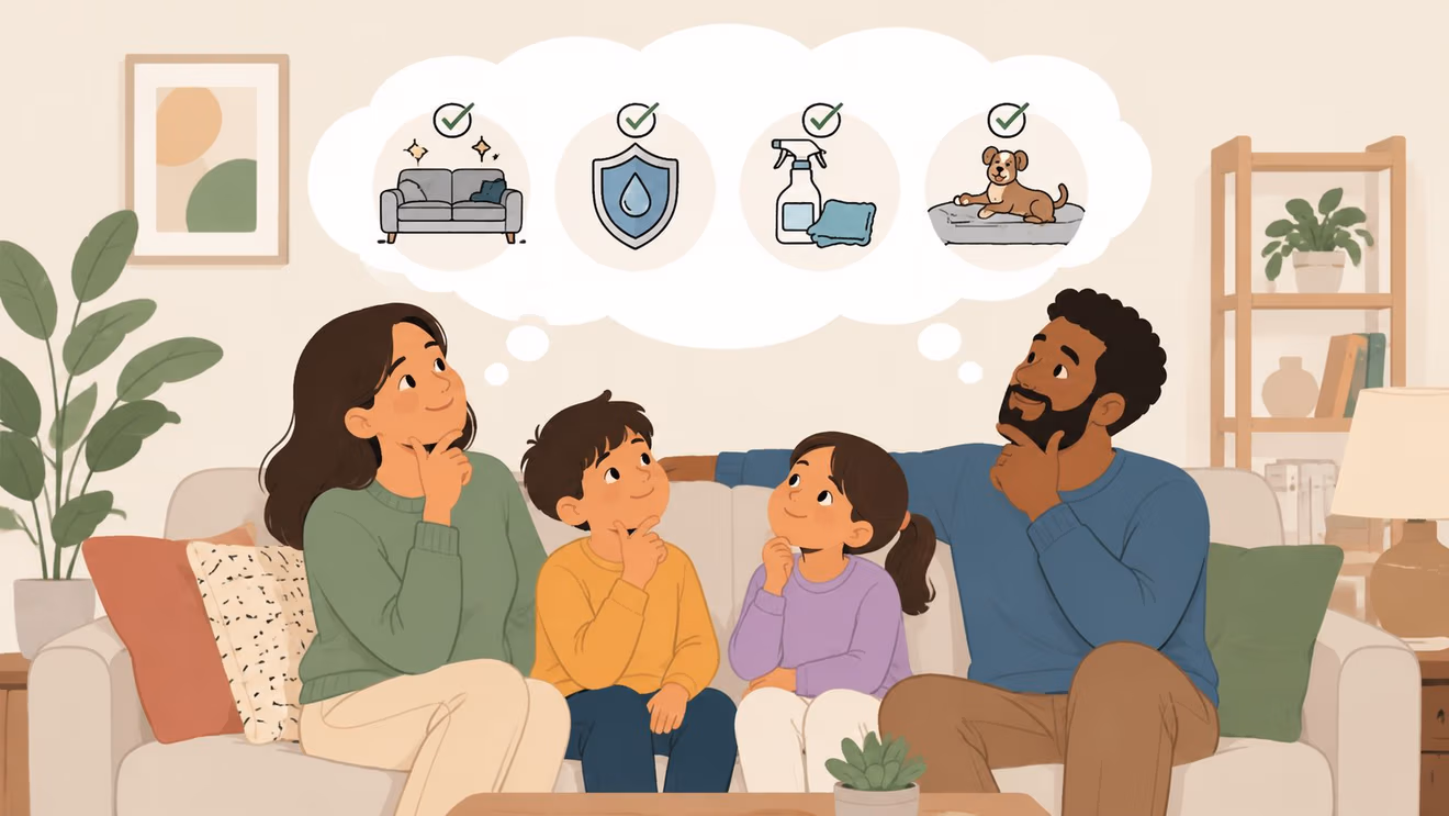 A family sitting on a sofa thinking about furniture protection, cleaning, and pet-friendly home maintenance solutions.