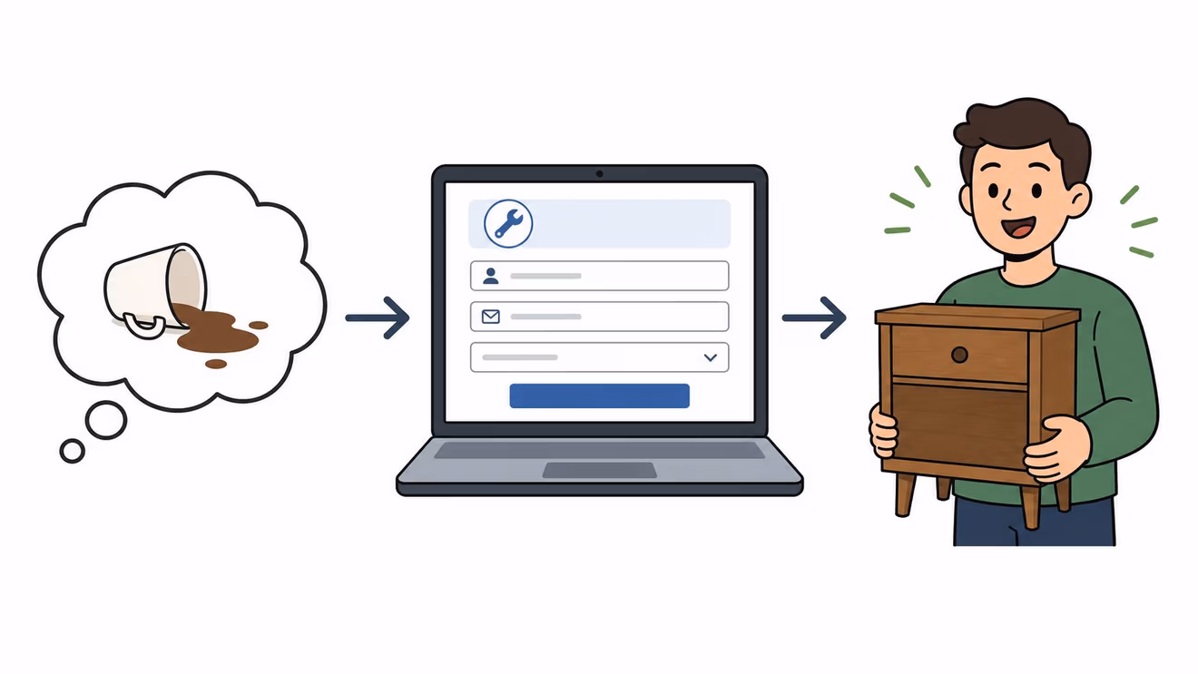 A person reporting furniture damage through an online form to receive a replacement nightstand for their home.