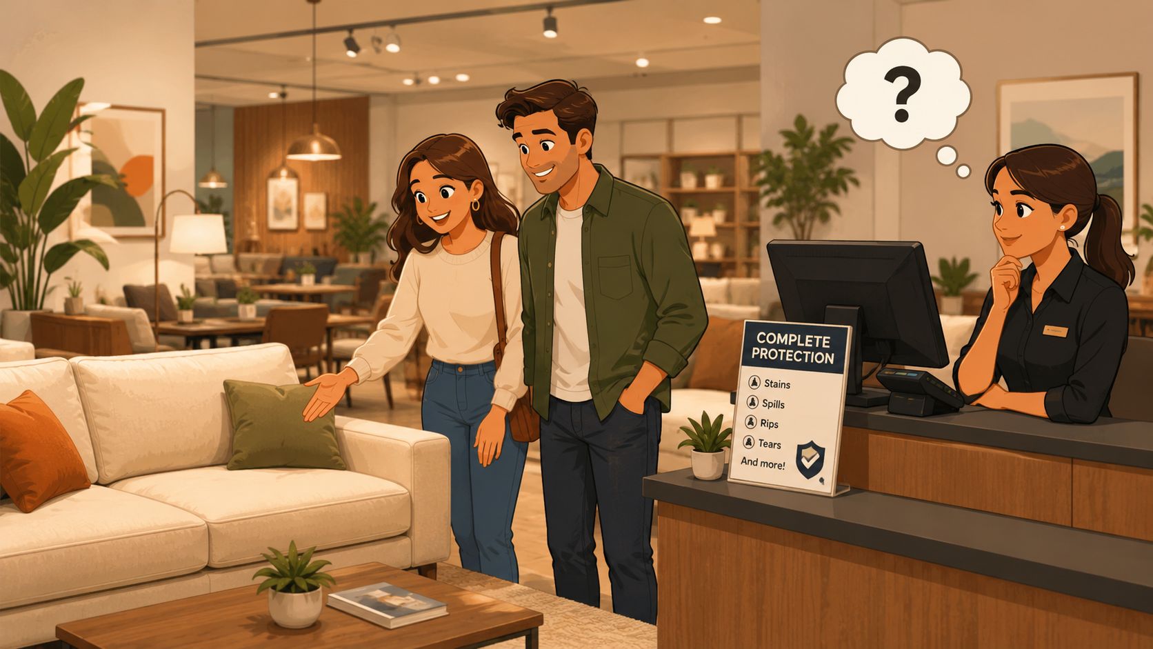 A couple shops for a couch at a furniture store, considering a complete protection plan offered by staff.