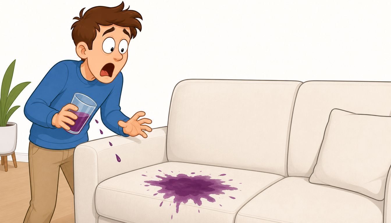 A shocked young man reacts to purple juice spilled on a clean white fabric sofa.