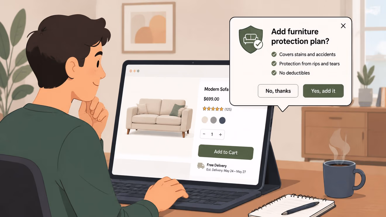 A person viewing a furniture protection plan pop-up window on a laptop screen while shopping online.