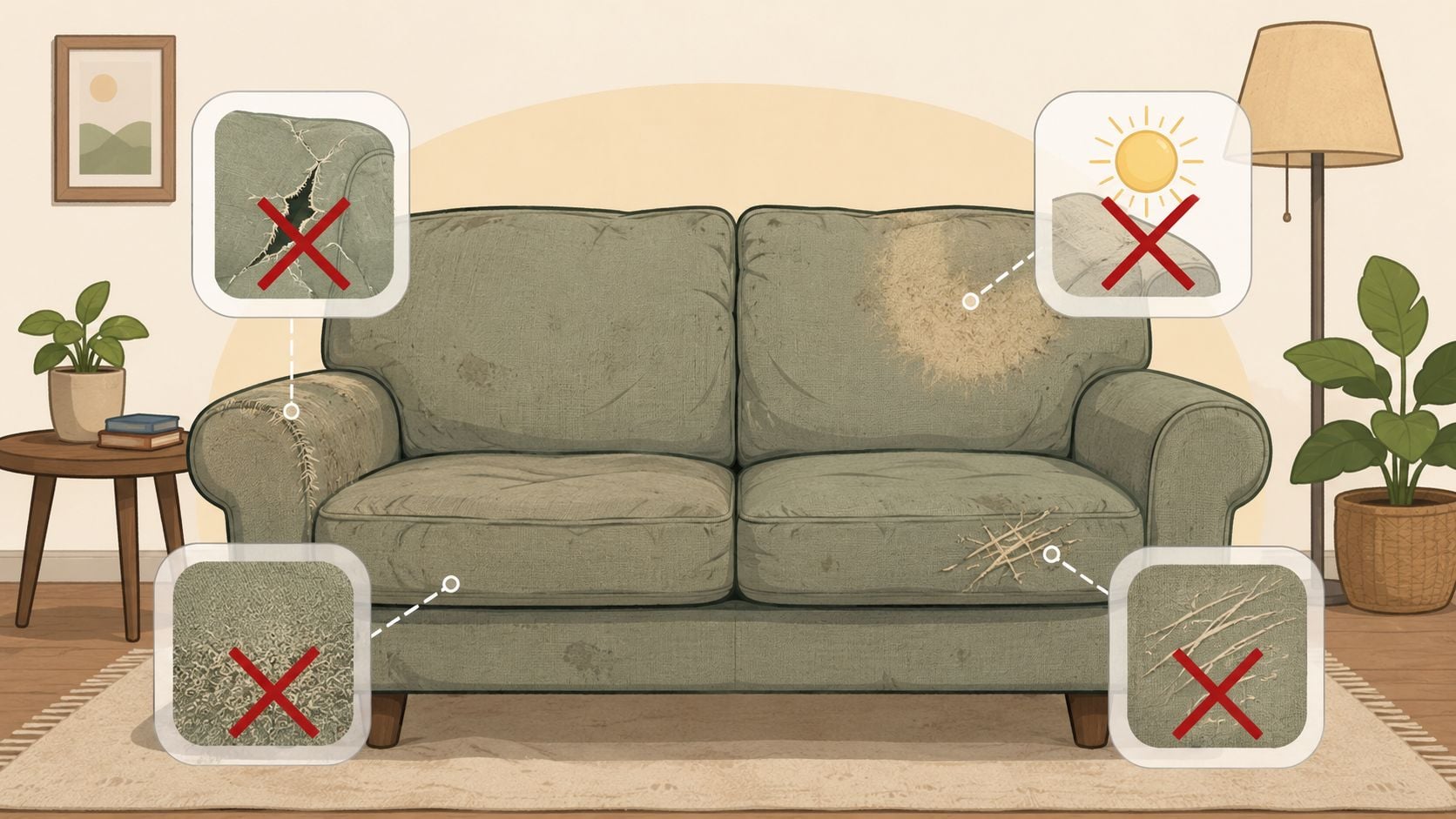 A worn-out fabric sofa showing various signs of damage like fading, scratches, and frayed upholstery.