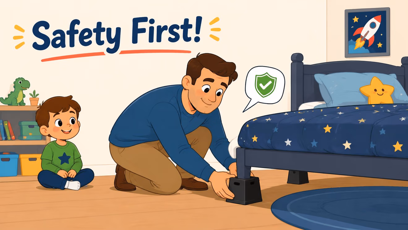 A father kneeling on the floor, installing furniture risers under a bed while his young son watches.