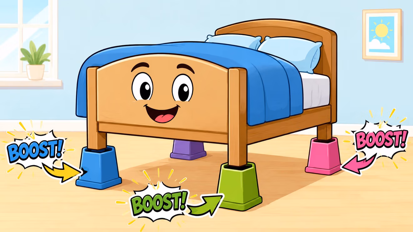 A cheerful cartoon bed standing on colorful plastic risers with "BOOST!" text bubbles pointing to them.
