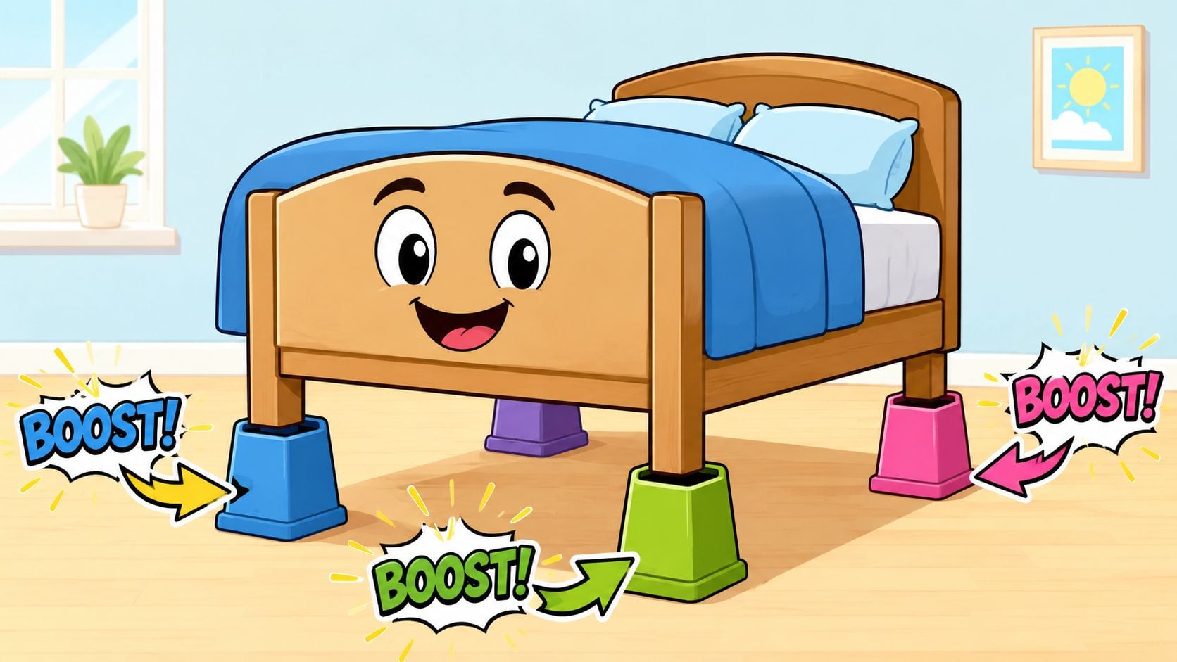 A cheerful cartoon bed standing on colorful plastic risers with "BOOST!" text bubbles pointing to them.